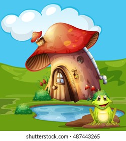 Green frog sitting by the pond illustration