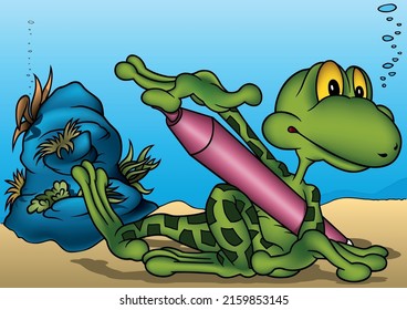Grüner Frosch auf dem Boden mit einer violetten Markierung unter ihrem Arm - farbige Cartoon-Illustration mit Hintergrund, Vektorgrafik