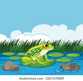 Green frog sitting on a lily pad