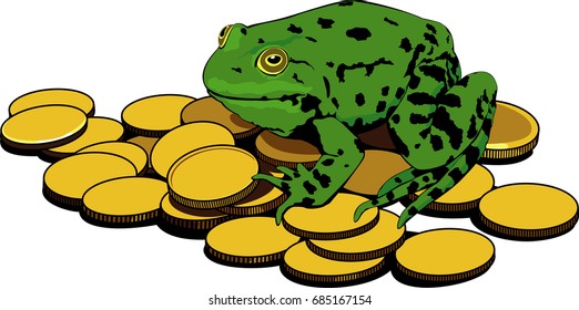 green frog sitting on a pile of gold coins