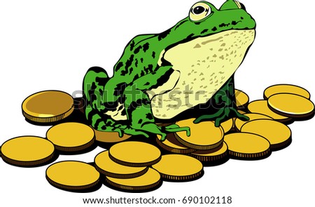 green frog sitting on a pile of gold coins
