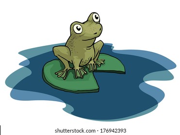 Green frog sitting on the pond leaf, vector illustration