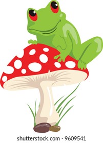  green frog sitting on a red coloured mushroom	