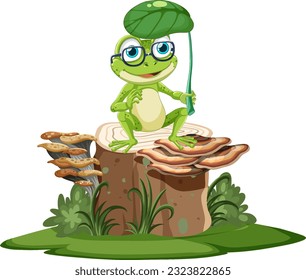 Green Frog Sitting on Stump illustration