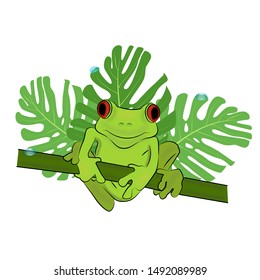 Green frog sitting on a tropical tree. Drops on leaves. Design for t-shirts, textiles, postcards. Vector illustration.