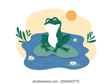 Rana verde sentada en una hoja de nenúfares. Ilustración vectorial del reposo del sapo en el estanque. Carácter de rana sonriente tomando sol en el centro del charco. Agua pequeña con flores, arbustos y una linda rana anfibia