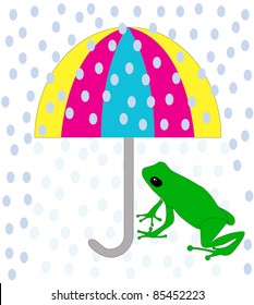 Green frog sitting under colorful umbrella during the rain