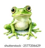 Green frog, sitting with wide expressive eyes, featuring lifelike details and soft watercolor effect. Cute green frog vector illustration isolated on white background, with shadow.