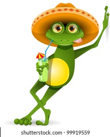 green frog in a sombrero and a cocktail