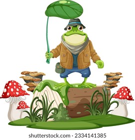 Green Frog Standing on Stump illustration