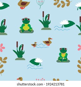Green frog toys in the swamp with plants and ducks. Seamless pattern for children's textiles, covers, designer packaging