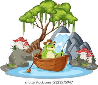 Green Frog in Waterfall Scene illustration