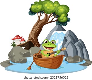 Green Frog in Waterfall Scene illustration