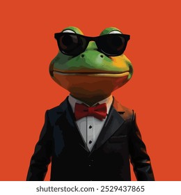 A green frog wearing a black suit, white shirt, black sunglass, and red bowtie against an orange background