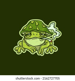 Green frog wearing a mushroom beanie and smoking a weed joint vector illustration