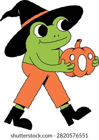 Green frog wearing a witch hat and orange pants holding a carved pumpkin