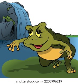 Green Frog with a Yellow Belly Dancing on the Water Leaf - Colored Cartoon Illustration with Background, Vector
