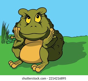 Rana verde con un vientre amarillo sentada en el suelo con expresión penetrante - ilustración de caricatura de color aislada en fondo blanco, vector