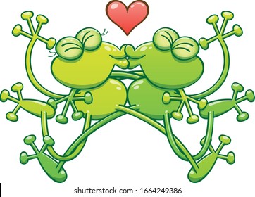 Green frogs clenching their eyes and showing a red heart above their heads while performing a passionate kiss and synchronized movements. They intertwine legs and show perfect symmetry of their bodies