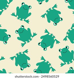 Green frogs hand drawn vector illustration. Funny animal character seamless pattern for kids fabric or wallpaper.