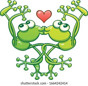 Green frogs having lots of fun in a romantic encounter. They're performing a choreography consisting in keeping symmetry while intertwining arms and legs, showing a red heart and kissing shyly