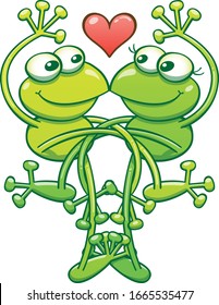 Green frogs having a lot of pleasure in a romantic encounter. They're keeping balance while intertwining arms and legs, smiling, staring at each other and showing a red heart above their heads