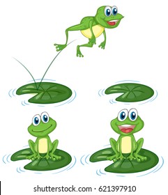 Green Frogs Jumping On Water Lily Leaves Illustration