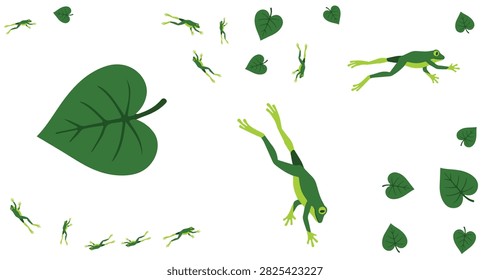 green frogs jumping and resting next to various sizes of heart shaped green leaves on a white background natural nature elements