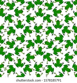 Green frogs on white background. Seamless pattern. Vector graphics.