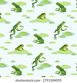Green frogs in a pond.Vector seamless pattern with green frogs in a pond with leaves.