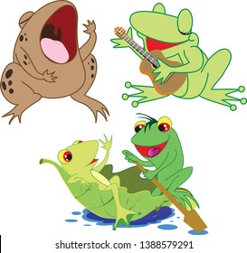 Green frogs, toad, frog party, enamored frogs, singing frogs, drawing, white background.cute, cartoon.Set of isolated funny different  in cartoon style.