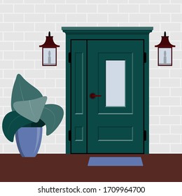 Green front door on a brick wall with a potted plant and lanterns. Vector element of the building.