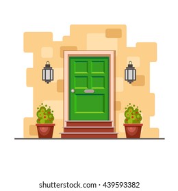 Green front door on the yellow brick wall with two pots with plants and lights. Vector building element. Cartoon house illustration