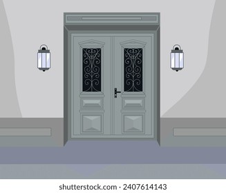 Green front door with window bars and outside lights. Vector building element. Cartoon house illustration