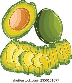 The green fruit avocado is cut in half and sliced.
