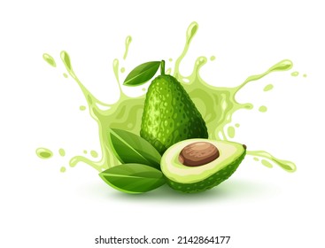 Green fruit avocado with juicy splash. Ripe green vegetable, isolated on white background, Ingredient for Mexican Guacamole sauce. Eps10 vector illustration.