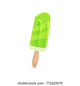 Green fruit ice cream popsicle, summer time cartoon vector Illustration