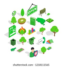 Green fruit icons set. Isometric set of 25 green fruit vector icons for web isolated on white background