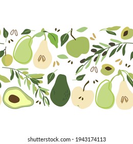 Green fruit with leaves and seeds on white background seamless vector border EPS10