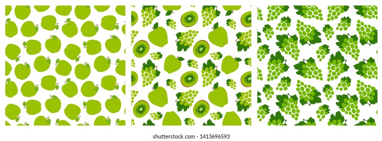 Green fruit seamless pattern set. Fashion design. Apple, grapes and kiwi. Food print for clothes, linens or curtain. Hand drawn vector sketch background collection