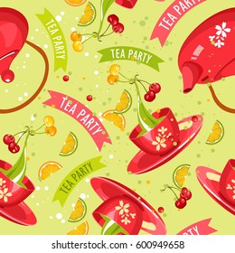 green fruit tea seamless pattern square shape with a tea cup and saucer and ripe berries