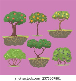 green fruit trees berry bushes flat set vector design illustration