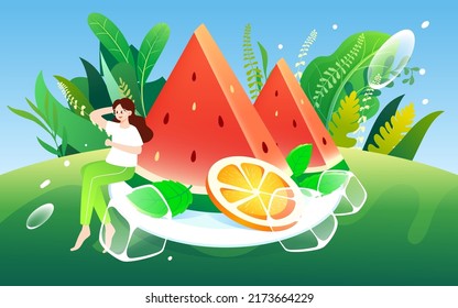 Green fruit watermelon to relieve the heat in summer, delicious food for the great summer festival, vector illustration