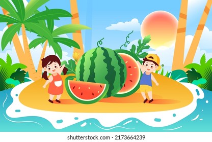 Green fruit watermelon to relieve the heat in summer, delicious food for the great summer festival, vector illustration