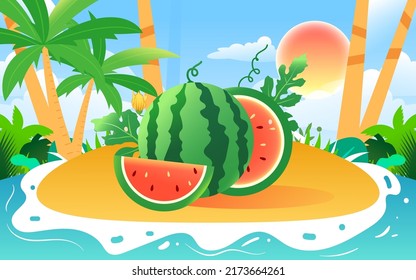 Green fruit watermelon to relieve the heat in summer, delicious food for the great summer festival, vector illustration