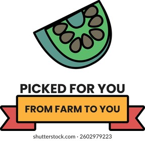 A green fruit with a white center is shown with the words "picked for you" written below it