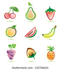 green fruits icons set, organic food concept