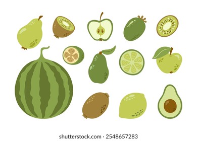 Frutos verdes com folhas e sementes. Pera, kiwi, maçã, feijoa, abacate, cal, melancia. Coleção de desenhos animados vetoriais desenhados à mão.