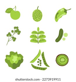 Green fruits and vegetables vector set