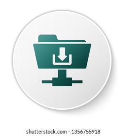 Green FTP folder download icon on white background. Concept of software update, transfer protocol, router, teamwork tool management, copy process. White circle button. Vector Illustration